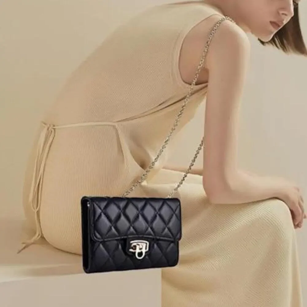 Stylish Small Quilted Crossbody Bag Compact Black Shoulder Bag for Women